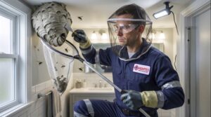 Professional wasp technician carefully removing a bald-faced hornet nest inside a bathroom using specialized tools and full protective gear, delivering safe, precise, and professional hornet control service.