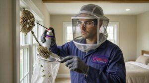 Professional wasp technician carefully removing a wasp or hornet nest from a bedroom using proper safety equipment and expert tools, providing safe, professional, and detailed insect control service.