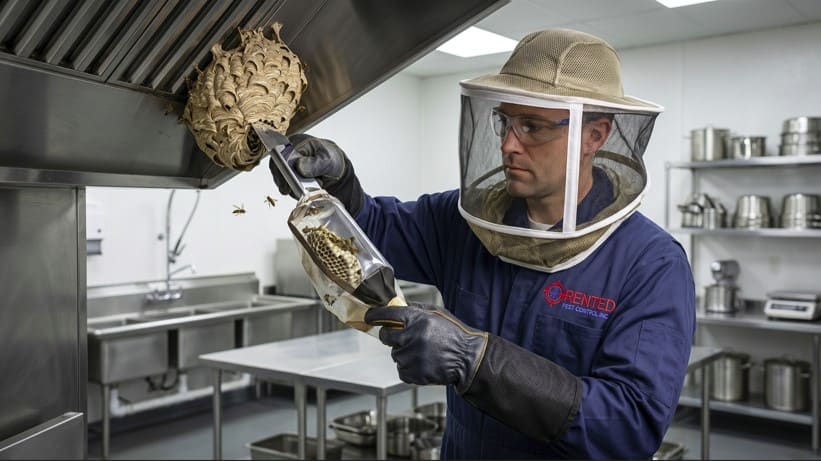 Professional wasp technician safely removing a wasp or hornet nest inside a kitchen with full protective equipment and professional tools, ensuring precise, clean, and reliable insect control service.